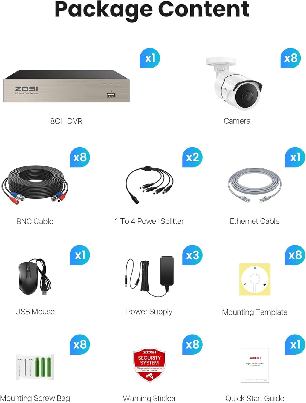 ZOSI 3K Lite Home Security Camera System with Audio, AI Human/Vehicle Detection, Night Vision, 8pcs 1920TVL Outdoor Metal Bullet Cameras, 8CH H.265+ CCTV DVR with 1TB HDD for 24/7 Recording