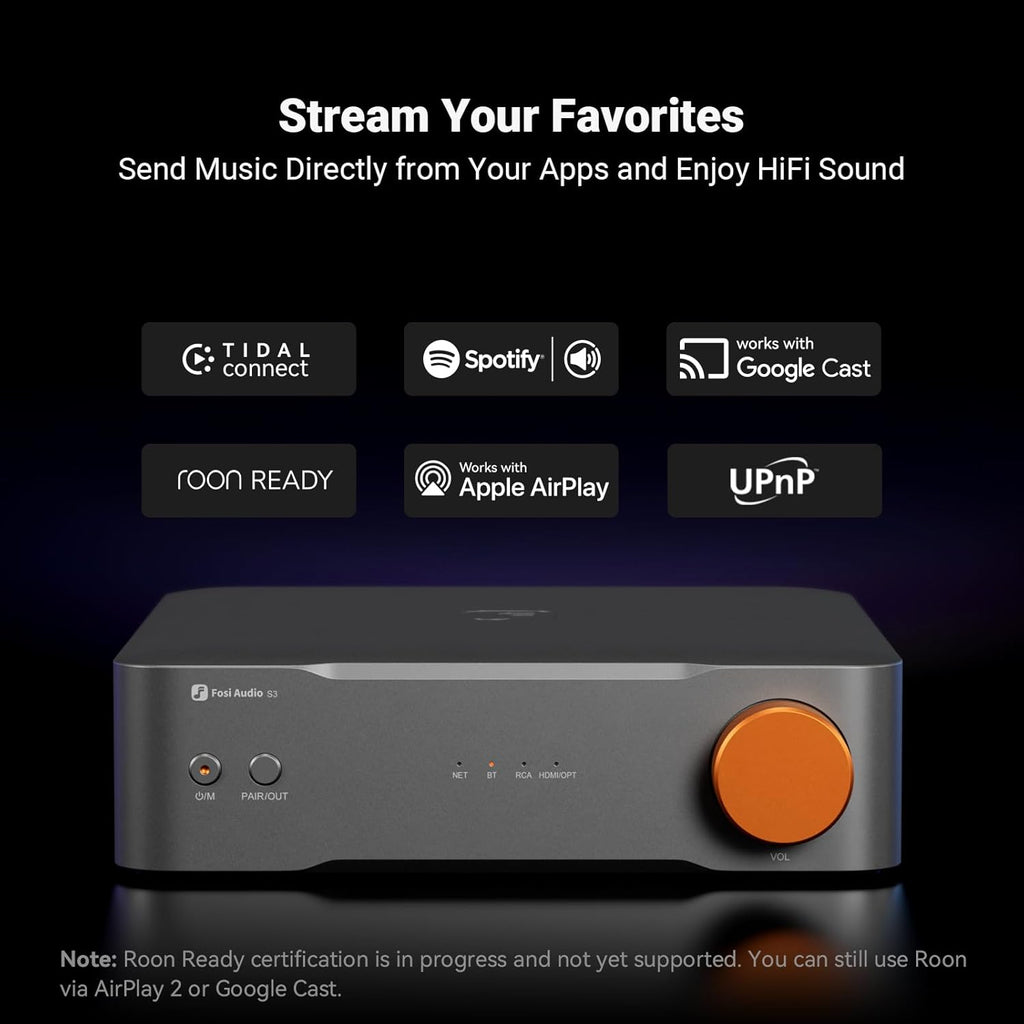 Fosi Audio S3 HiFi Music Streamer DAC Preamp, AK4493SEQ DAC Wi-Fi 6 Bluetooth 5.3, Digital Transport with XLR Balanced/Optical/Sub Out/HDMI eARC, AirPlay 2 Spotify Connect Tidal, 5-Band EQ