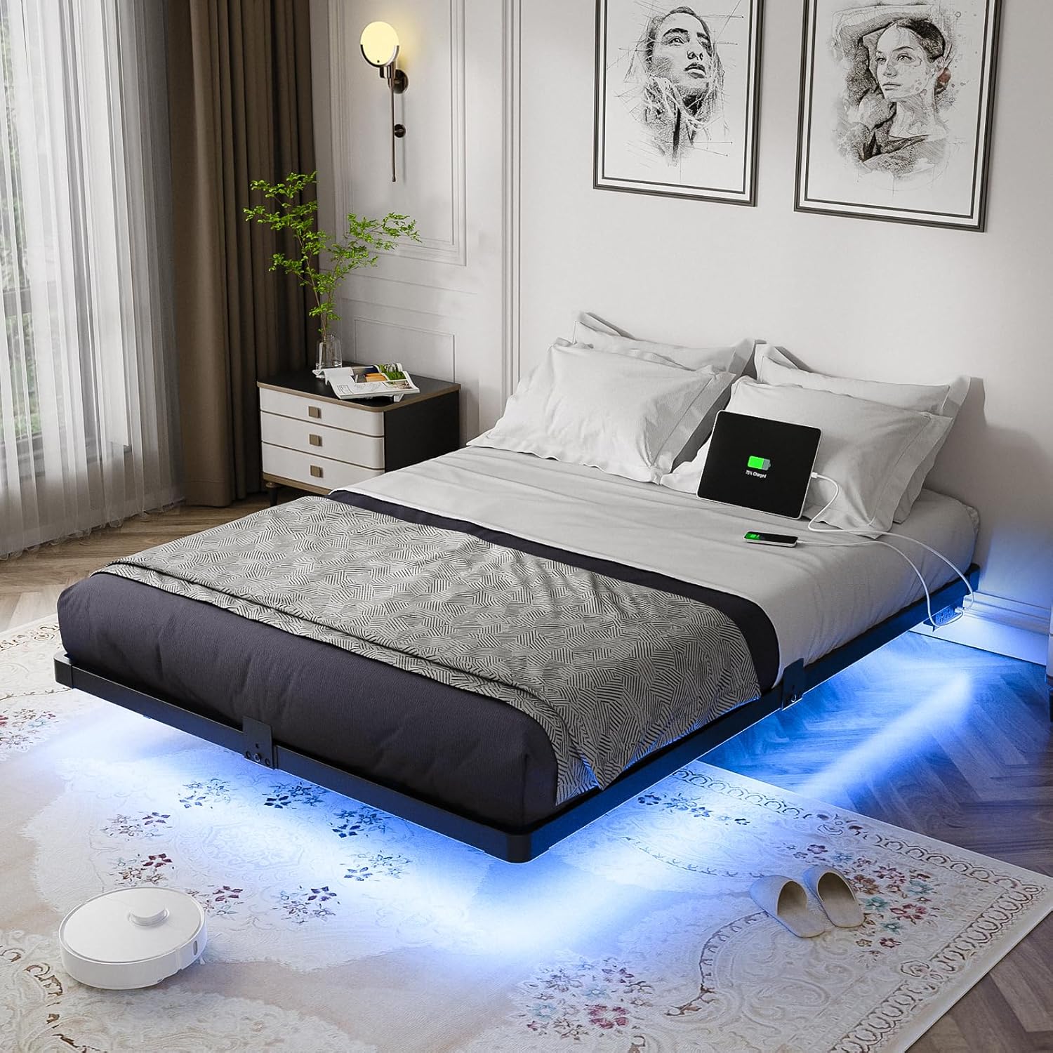 OLEVS Floating Bed Frame Full Size with Smart LED Lights and Charging Station - Modern Metal Platform Bed, Easy Assembly No Box Spring Needed