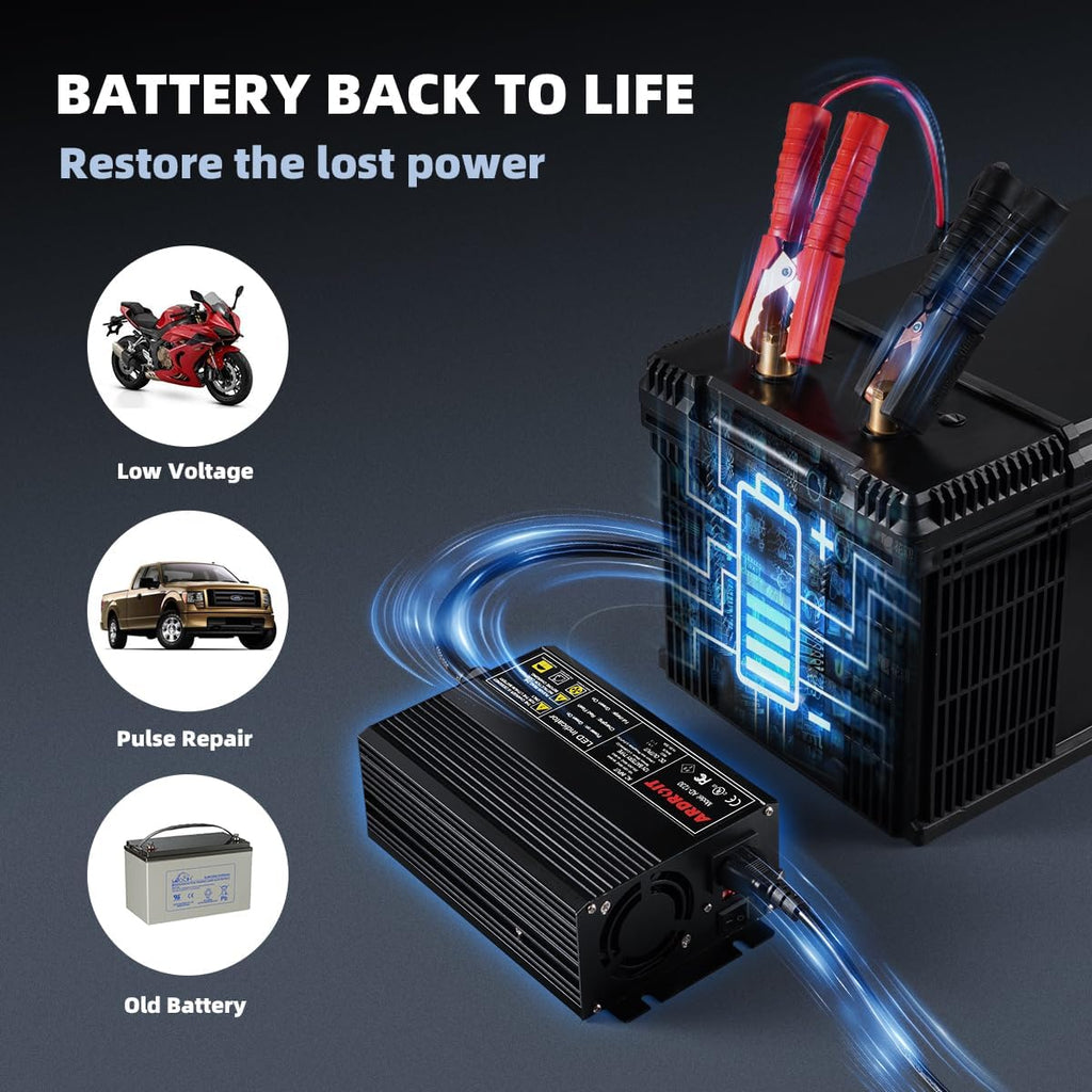 14.6V 50A LiFePO4 Battery Charger, Smart Trickle Charger and Maintainer for 12V Lithium Iron Phosphate Deep Cycle Batteries, AC-DC with LED Indicator for RV, Boat, Golf Cart, Solar Power