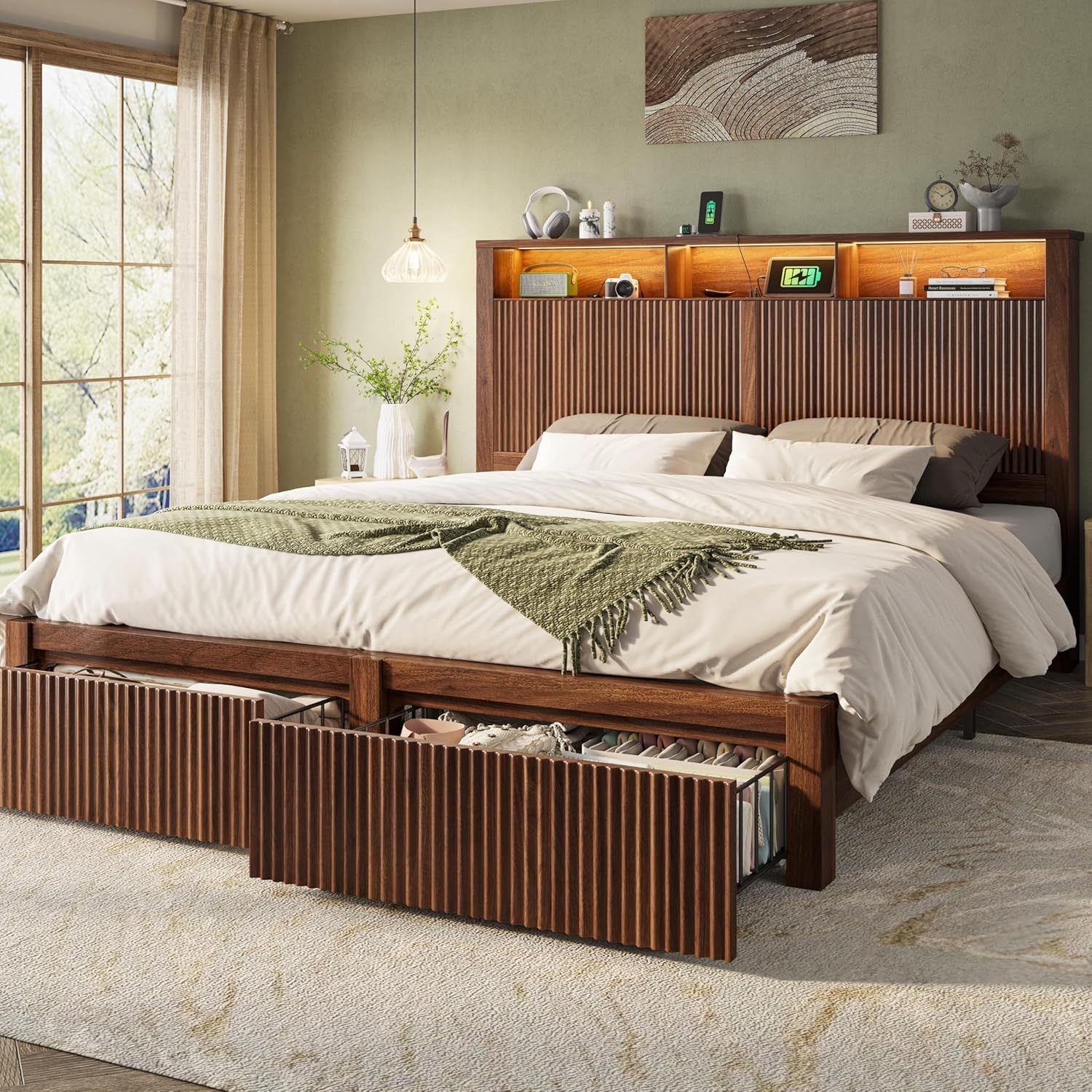 CypBed King Size Bed Frame and Headboard& 2 Storage Drawers, King Bed Frame with LED Light and Charging Port, Farmhouse Wavy Design, Wood & Metal Platform, Noise-Free, No Box Spring Needed, Walnut