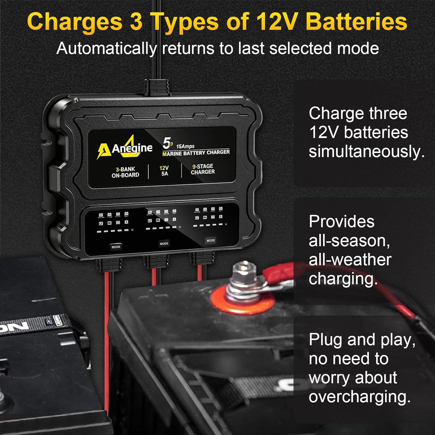 3 Bank Marine Battery Charger, 12V (5A/Bank) IP68 Waterproof LCD Onboard Battery Charger with Overcharge Protection & Temperature Compensation- for Lead-Acid, AGM, EFB, LiFePO4, Lithium, Boat, Car, RV