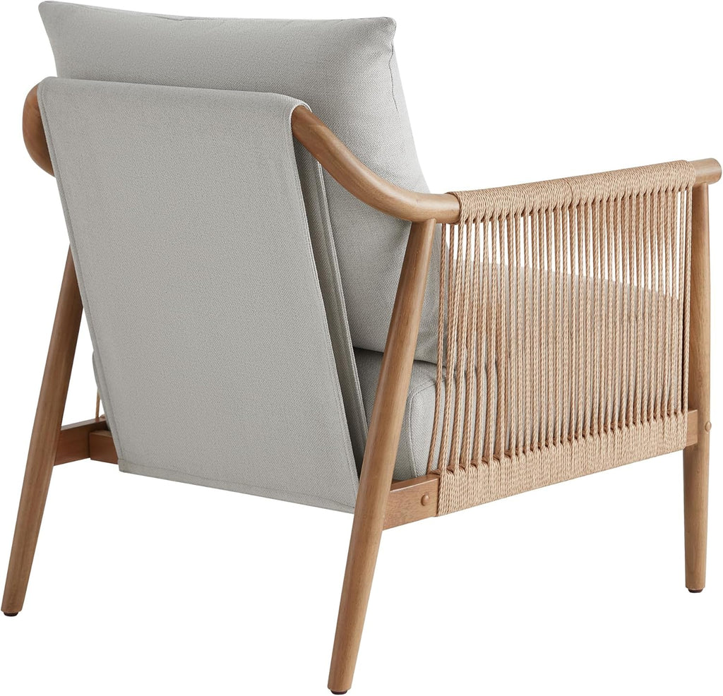 CHITA Braid Accent Chair, Modern Armchair with Solid Wooden Armrest for Living Room and Bedroom, Boho Reading Chair, Light Grey