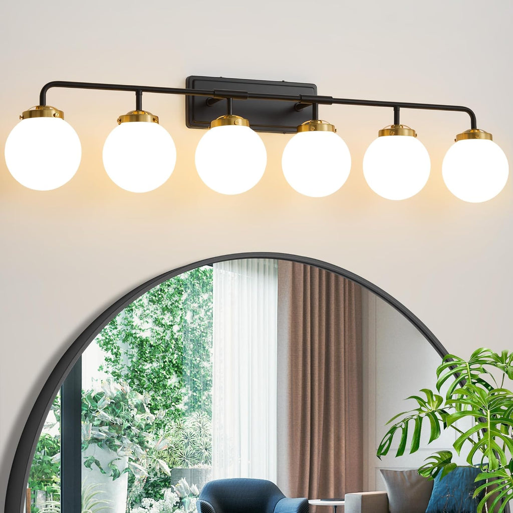 Black Gold Bathroom Light Fixtures Over Mirror, Modern Vanity Lighting with Milk White Glass Globe Shades 6-Light Farmhouse Wall Sconce