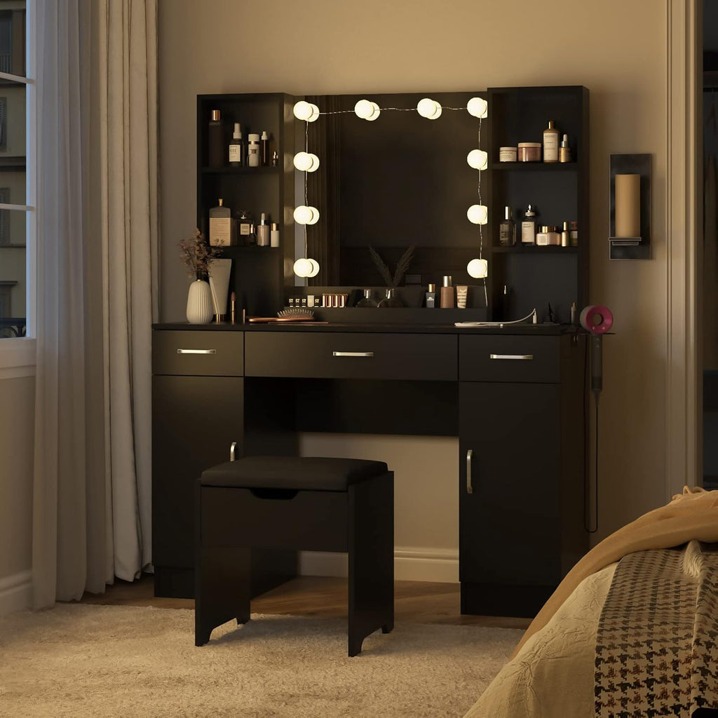 Vabches Makeup Vanity Table with Lighted Mirror & Power Strip, Large Vanity Set Vanity Desk with Storage Stool, 3 Lighting Modes, Brightness Adjustable, 45.2in(Large, Black)