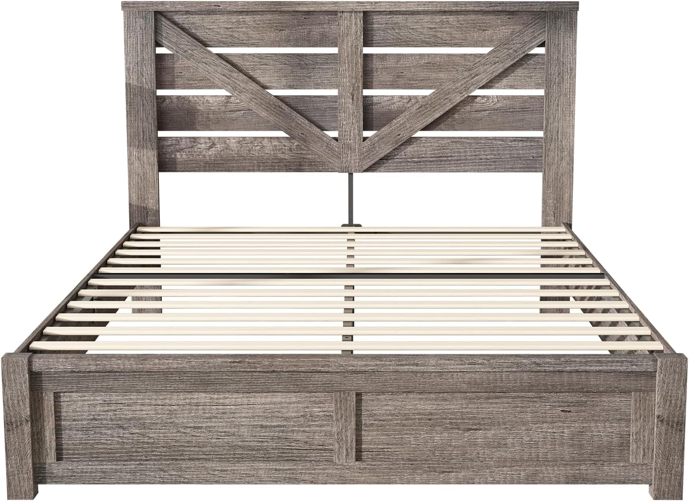 AMERLIFE Queen Size Bed Frame with 49.2" Barn Door Headboard and Footboard, Farmhouse Platform Bed Frame with Wood Slats, No Box Spring Needed, Under Bed Storage, Rustic Gray