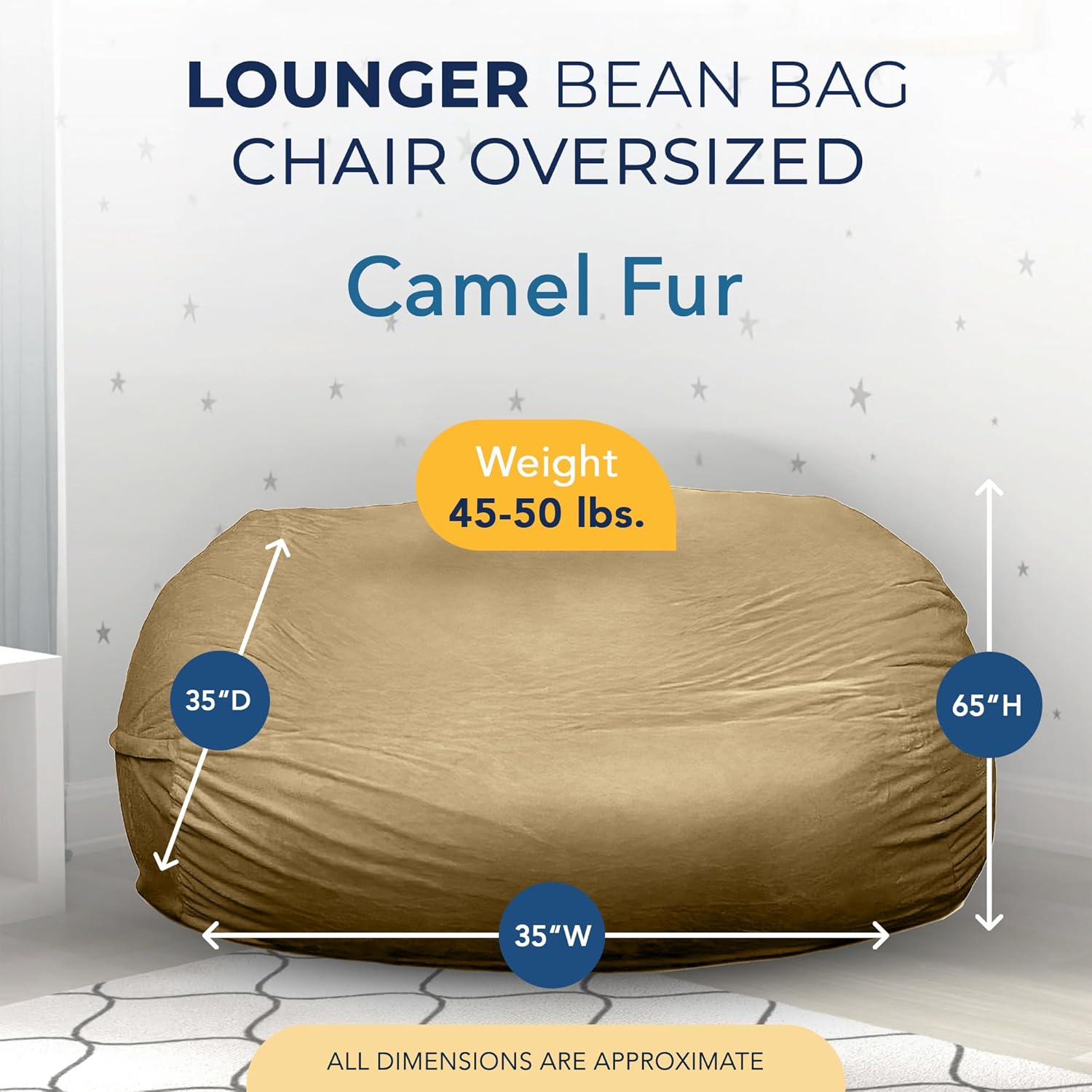 Ultimate Sack Lounger Bean Bag Chair, Camel Fur Cover – Oversized Foam Loveseat, Floor Sofa, or Couch Bed for Bedroom, Living Area, Gaming Room, or Reading Lounge