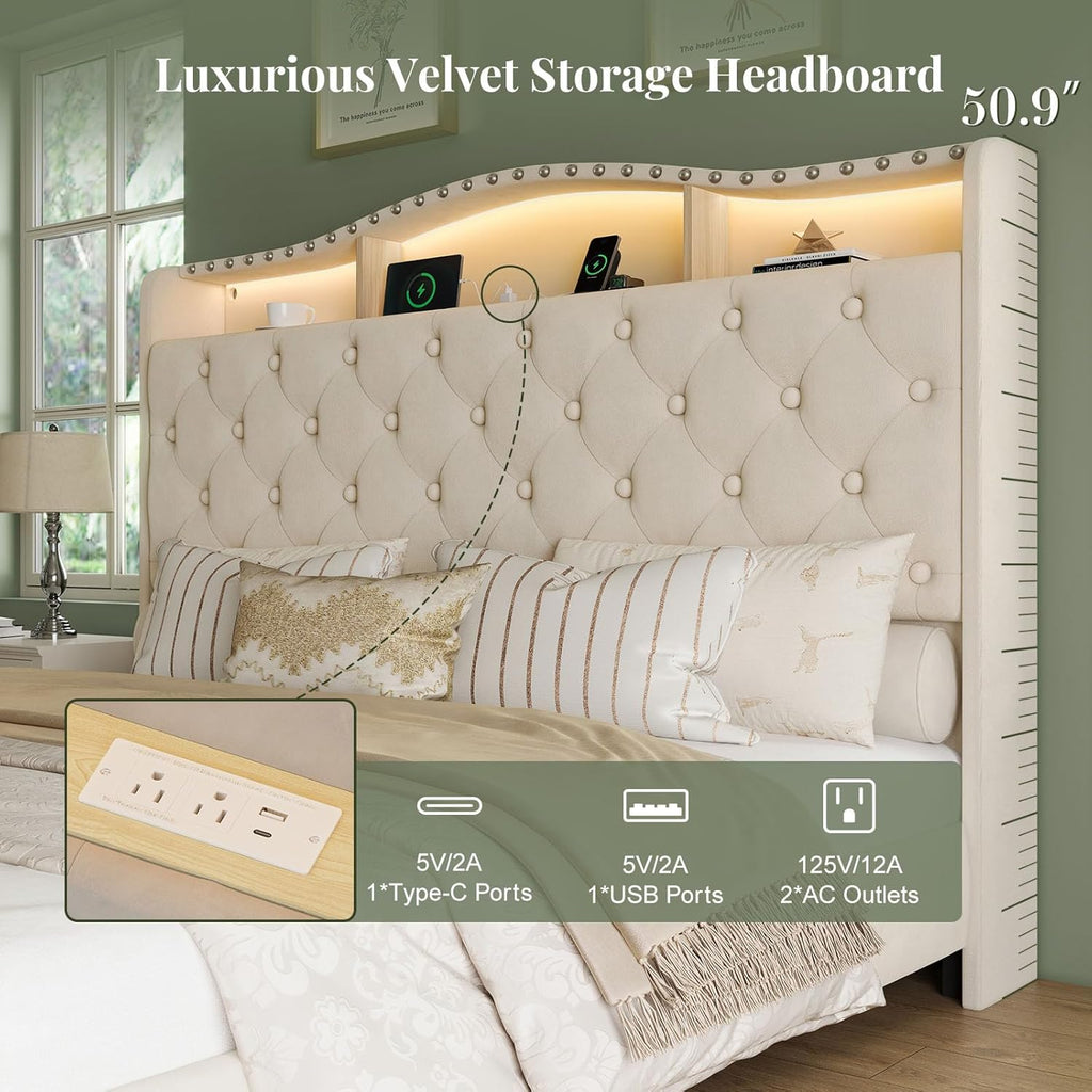 Belffin Queen Size Bed Frame and Headboard, 50.9" Velvet Upholstered Wingback Bedframe with LED Lights & Storage/Charging Station, Button Tufted Tall Footboard, No Box Spring Needed, Noise-Free, Beige