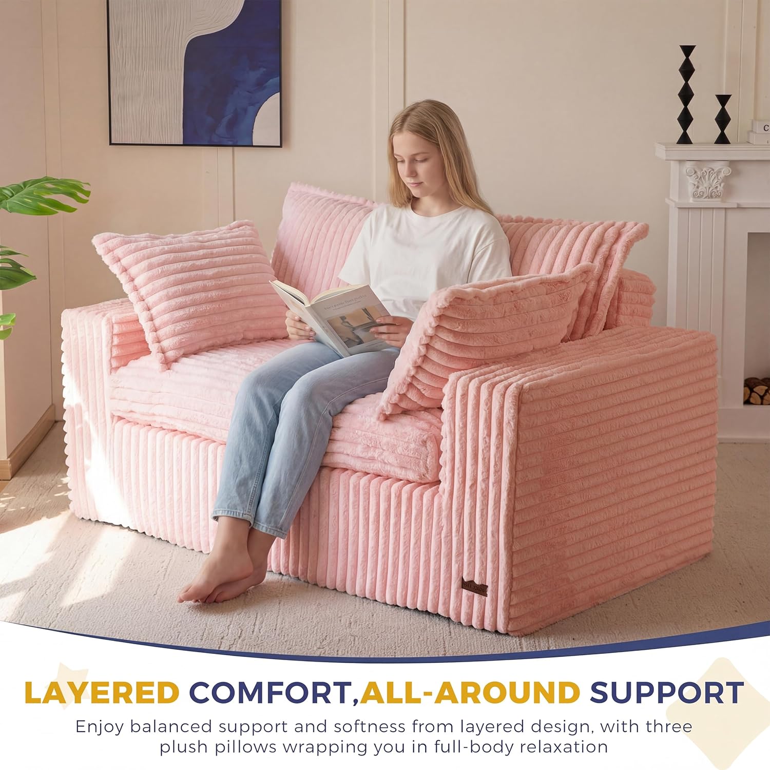 MAXYOYO 59" Bean Bag Sofa Couch, Loveseat Boneless Couch in a Box, Upholstered Small Mini Sofa with Deep Seating for Living Room Bedroom Office Apartment, No Assembly, Pink