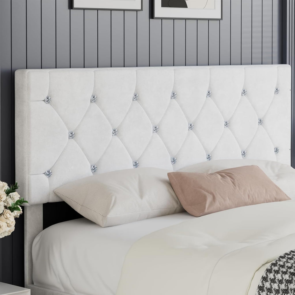 VECELO Full Size Bed Frame with Diamond Tufted Headboard, Upholstered Platform Bedframe with Wood Slat Support, No Box Spring Needed, Velvet & White