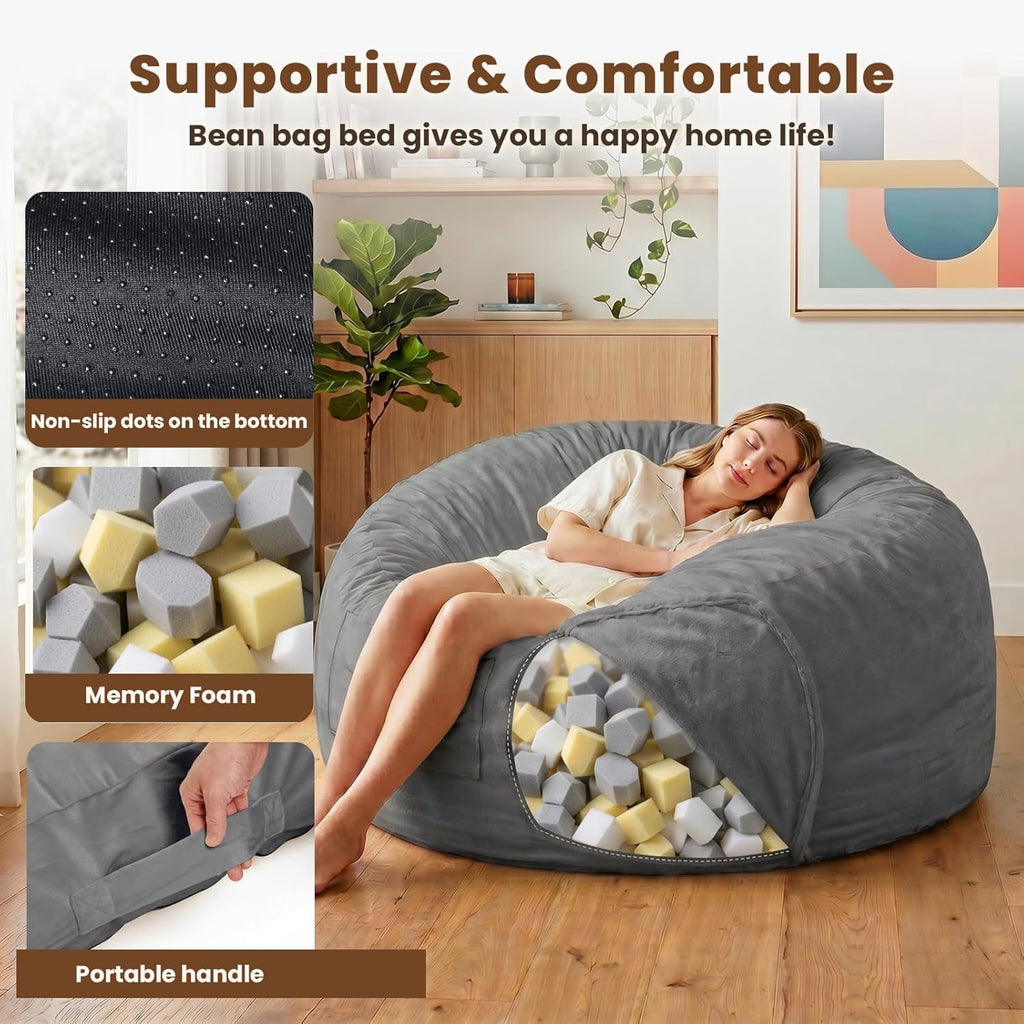 4 in 1 Adult Bean Bag Chair, 4ft Large Beanbag Chair with High Rebound Memory Foam Filler and Removable Cover, Oversized Comfy Flannel Bean Bag Couch Bed Lazy Sofa for Adults Teens, Grey