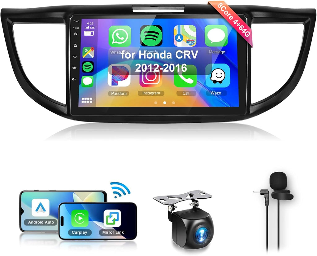 8Core4+64G Car Stereo for Honda CRV 2012-2016 Wireless CarPlay/Android Auto Android Radio with Qualcomm 9" IPS Touch Screen,BT5.1,DSP Hi-Res,GPS,SWC,Backup Camera for Honda CRV Radio