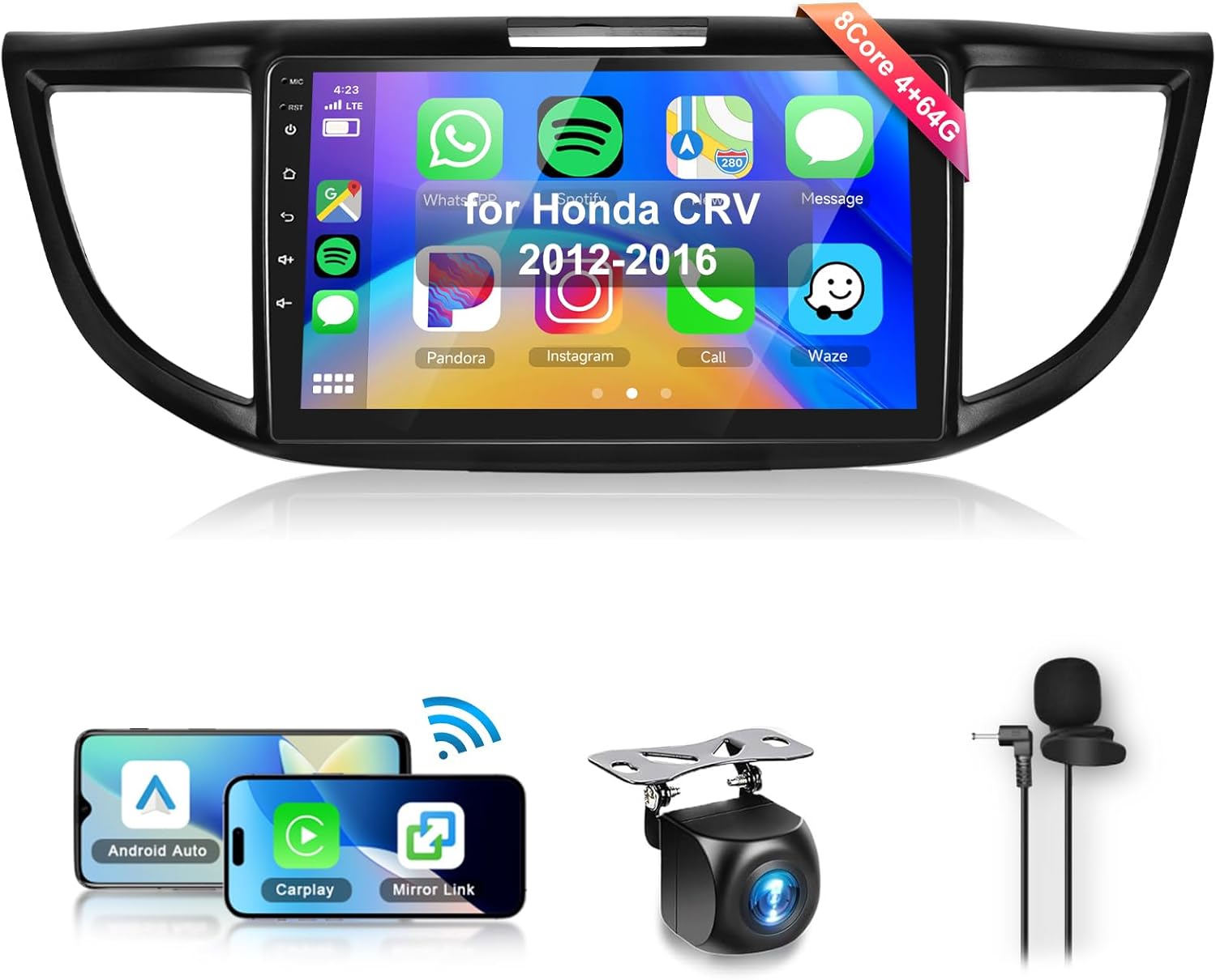 8Core4+64G Car Stereo for Honda CRV 2012-2016 Wireless CarPlay/Android Auto Android Radio with Qualcomm 9" IPS Touch Screen,BT5.1,DSP Hi-Res,GPS,SWC,Backup Camera for Honda CRV Radio