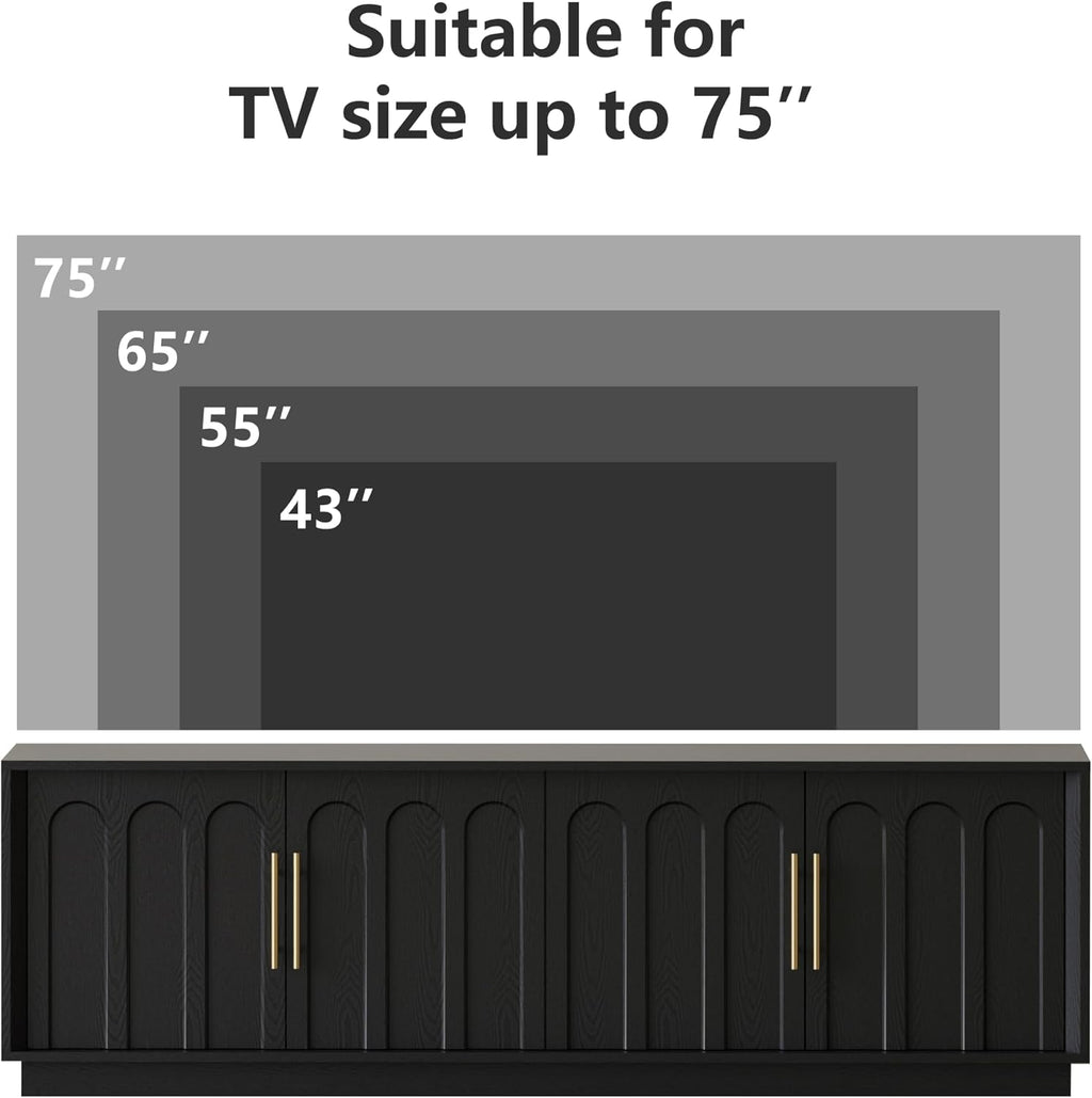 FORTUNETEC TV Stand for 75 Inch TV, 67" Entertainment Center with Arched Design, Minimalist Media Console with Adjustable Shelves, Modern TV Stand for Living Room Bedroom, Black