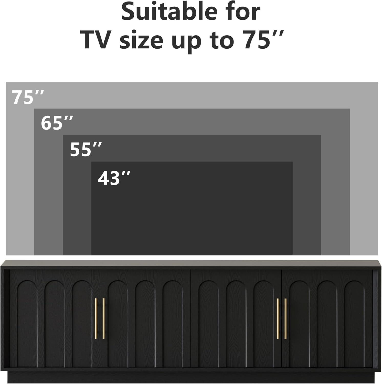 FORTUNETEC TV Stand for 75 Inch TV, 67" Entertainment Center with Arched Design, Minimalist Media Console with Adjustable Shelves, Modern TV Stand for Living Room Bedroom, Black