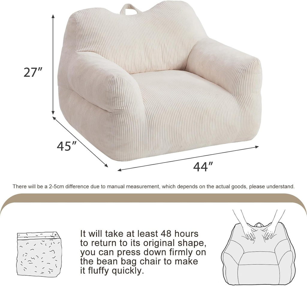 HUGHEAVEN Big Bean Bag Chair for Adults & Kids, Giant Oversized Bean Bag Couch, Comfy Reading Chair with Armrests, Soft Cozy Chair for Bedroom, Lounge Sofa for Gaming, Napping & Relaxing, Beige