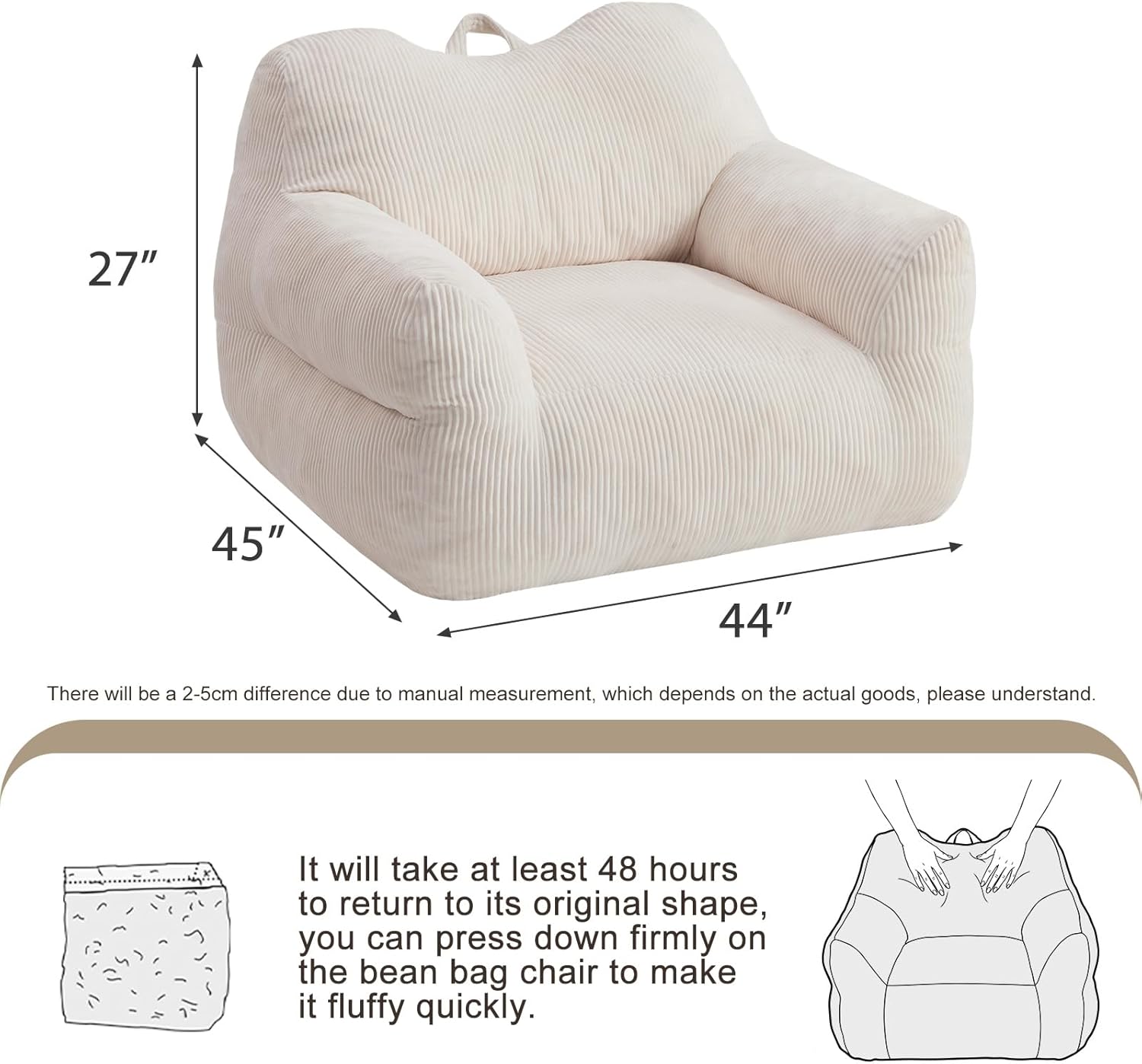 HUGHEAVEN Big Bean Bag Chair for Adults & Kids, Giant Oversized Bean Bag Couch, Comfy Reading Chair with Armrests, Soft Cozy Chair for Bedroom, Lounge Sofa for Gaming, Napping & Relaxing, Beige