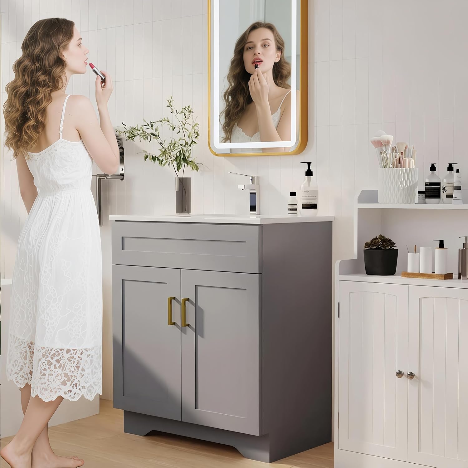 30 Inch Bathroom Vanity with Sink, Modern Bathroom Vanity with Ceramic Basin and Countertop, Easy Assembly, Grey