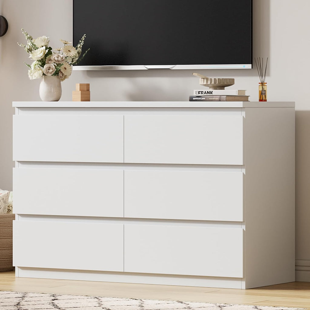 Jocoevol Modern 6 Drawer Dresser White Dresser for Bedroom, Simply Chest of Drawers, Wood Storage Dresser with Deep Drawers for Living Room Hallway Entryway, White