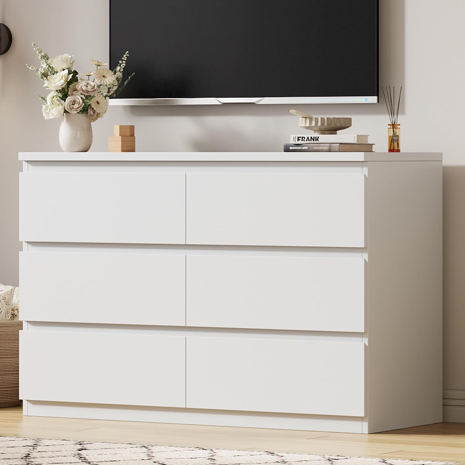 Jocoevol Modern 6 Drawer Dresser White Dresser for Bedroom, Simply Chest of Drawers, Wood Storage Dresser with Deep Drawers for Living Room Hallway Entryway, White