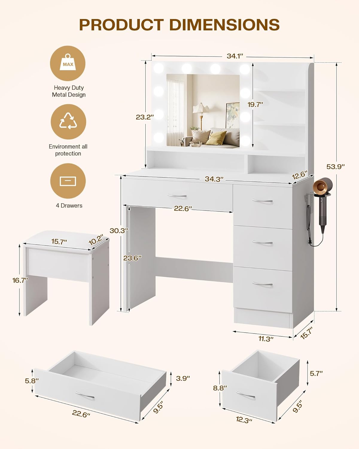 LIVELYGLOW White Makeup Vanity with HD Mirror & 10 LED Bulbs, 34.3" Dressing Table with Charging Station, 4 Drawers, Hairdryer Rack & Cushion Stool, Modern Bedroom Vanity Set