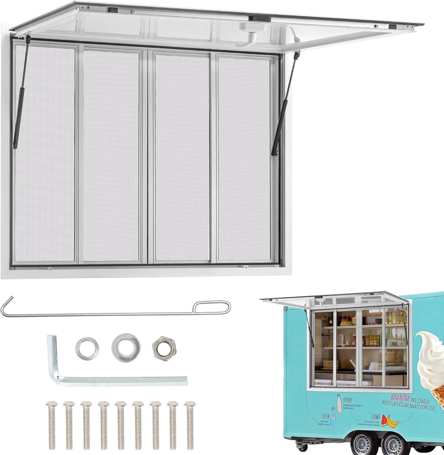 60" x 36" Concession Window for Food Truck, Aluminum Trailer Window with 4 Sliding 304 Stainless Steel Screens, Weatherproof, Lockable 85° Awning Door, w/Hook, No Glass