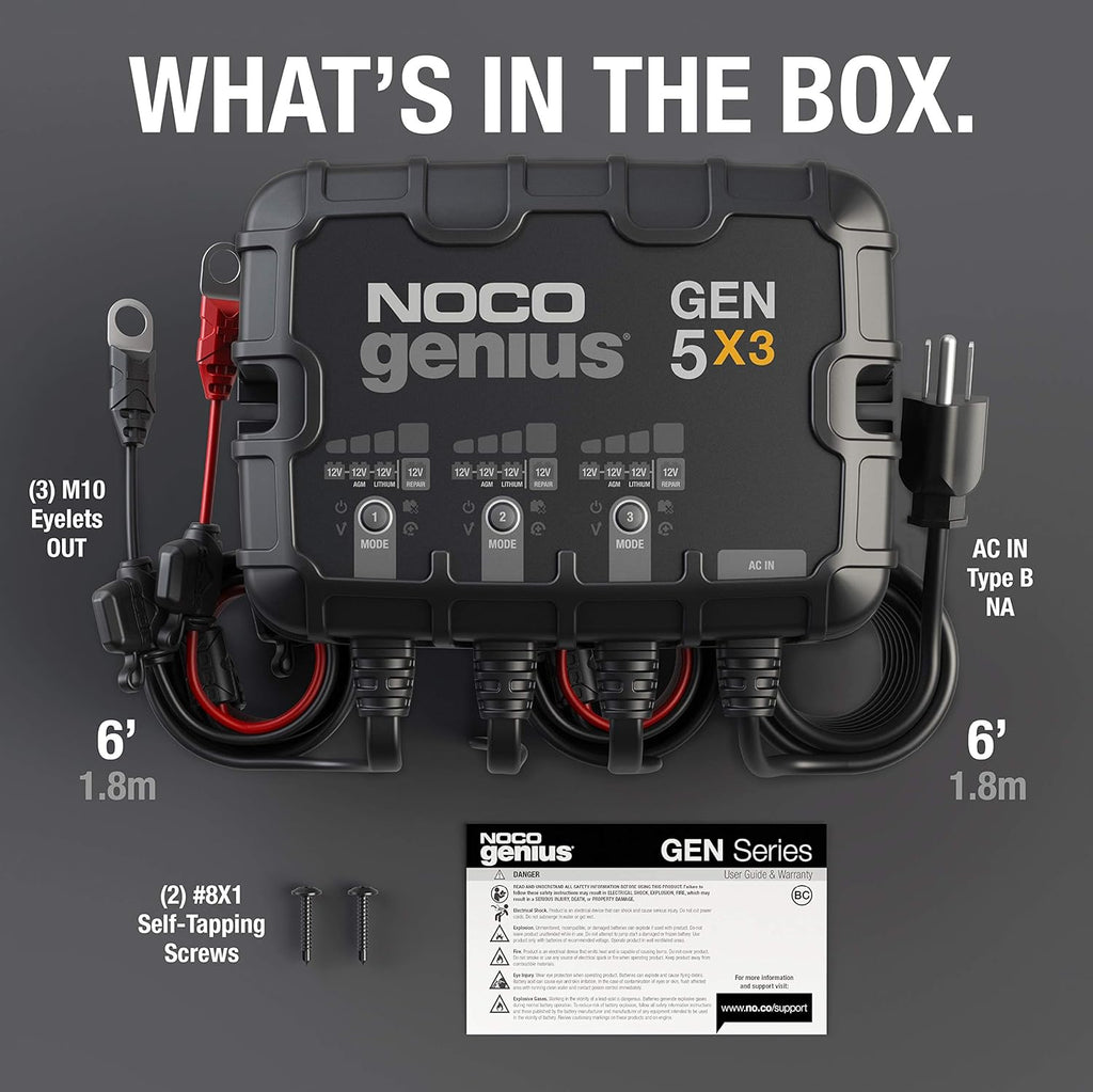NOCO Genius GEN5X3: 3-Bank, 15A Onboard Battery Charger - 5A Per Bank, 12V Waterproof Marine Charger with Overcharge Protection & Temperature Compensation – for Lead-Acid & Lithium Batteries