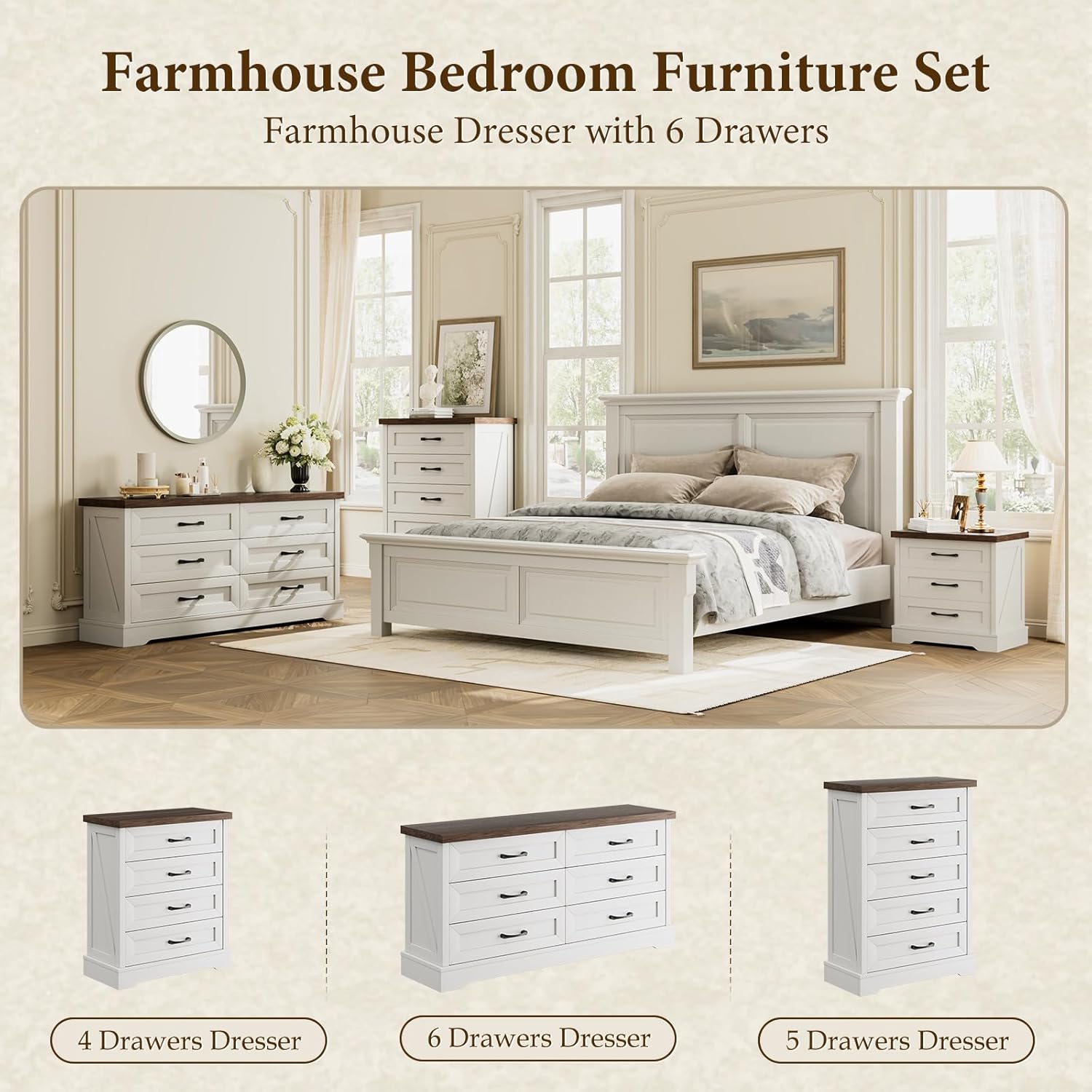AODK Farmhouse 6-Drawer Dresser for Bedroom, Heavy-Duty Storage Chest with Extra Thick Boards & Metal Handles, Sturdy Chest of Drawers, Anti-Tipping Safety Certified, White & Walnut