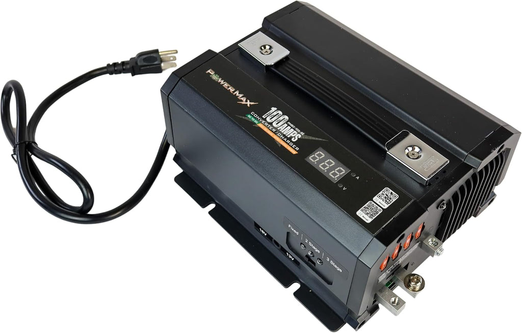 PowerMax PMBC 100 Amp 12V Battery Charger/Maintainer, Flash Reprogrammer & Adjustable Power Supply w/ 15ft Cables, Voltage Display & Mounting Brackets for RV, 12V Car Audio, Boat Motors & LED + House