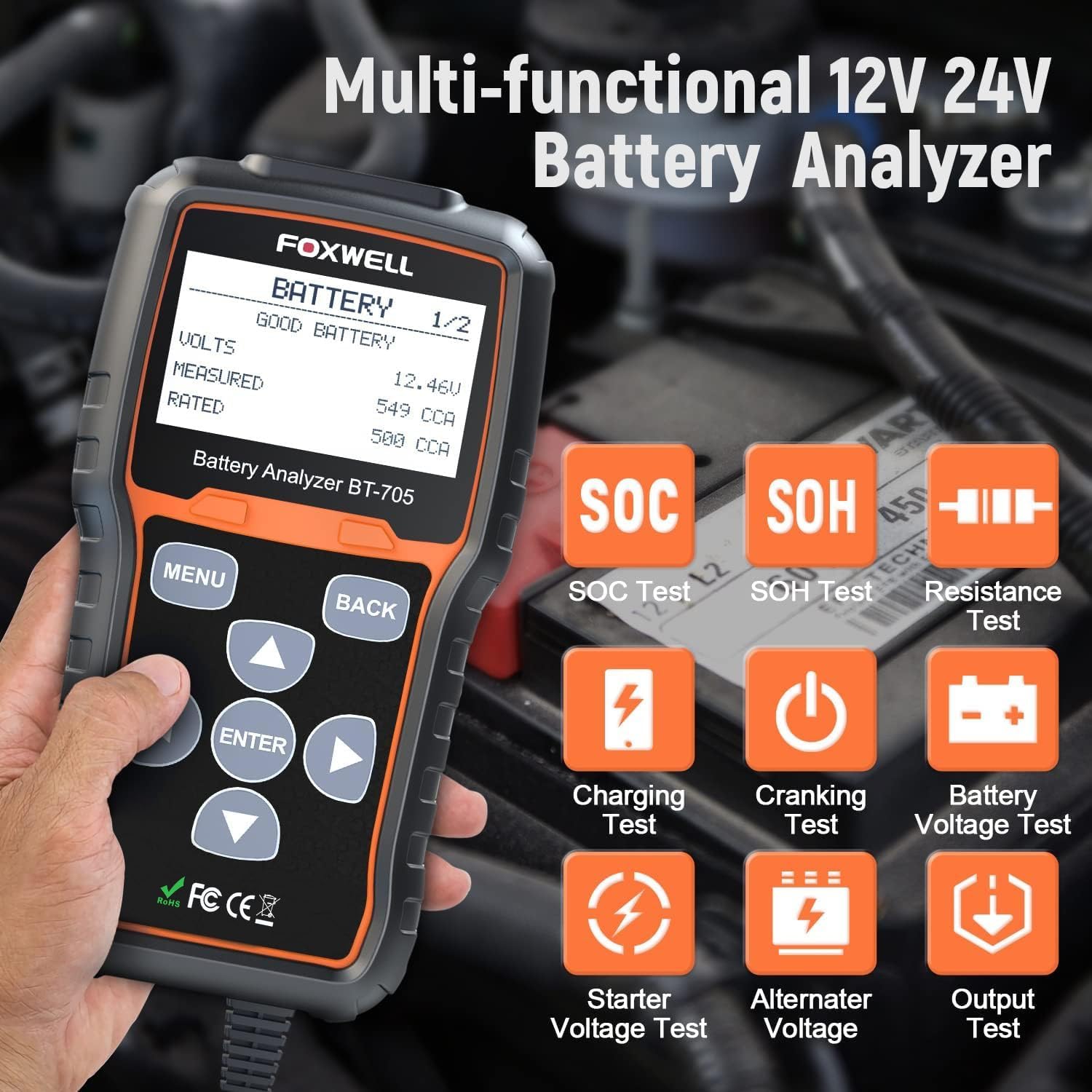 FOXWELL BT705 Car Battery Tester 24V 12V, Professional Alternator Tester, Automotive 100-2000CCA Load Tester, Digital Cranking Charging System Analyzer with High Accuracy for Trucks, RVs & Boats