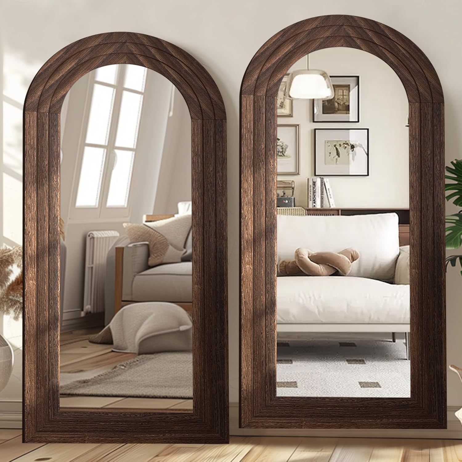 ZHUNFA Arched Full Length Mirror with Solid Wood Frame, 71x32 Farmhouse Wall Mounted Floor Mirror with Stand, Vertical Hanging, Leaning Standing for Bedroom, Living Room, Brown