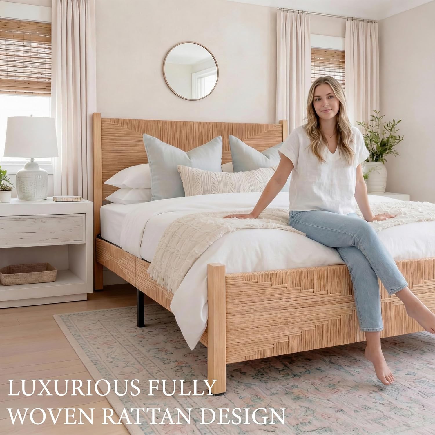Yechen Solid Wood Rattan Queen Bed Frame with Tall Headboard and Footboard, Mid Century Modern Hand-Woven Rattan Bedframe with Vintage Pattern, Boho Wooden Bed with Metal Slats, No Box Spring Needed