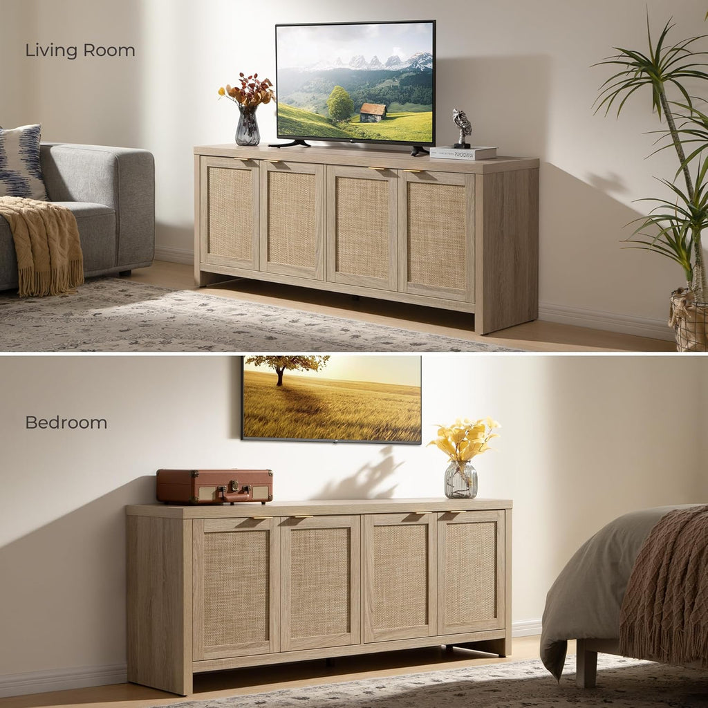 SICOTAS TV Stand for Living Room Boho Entertainment Center for Bedroom with 4 Rattan Cabinets Farmhouse Television Stands with Storage Large Media Console Table for TVs up to 65 Inch