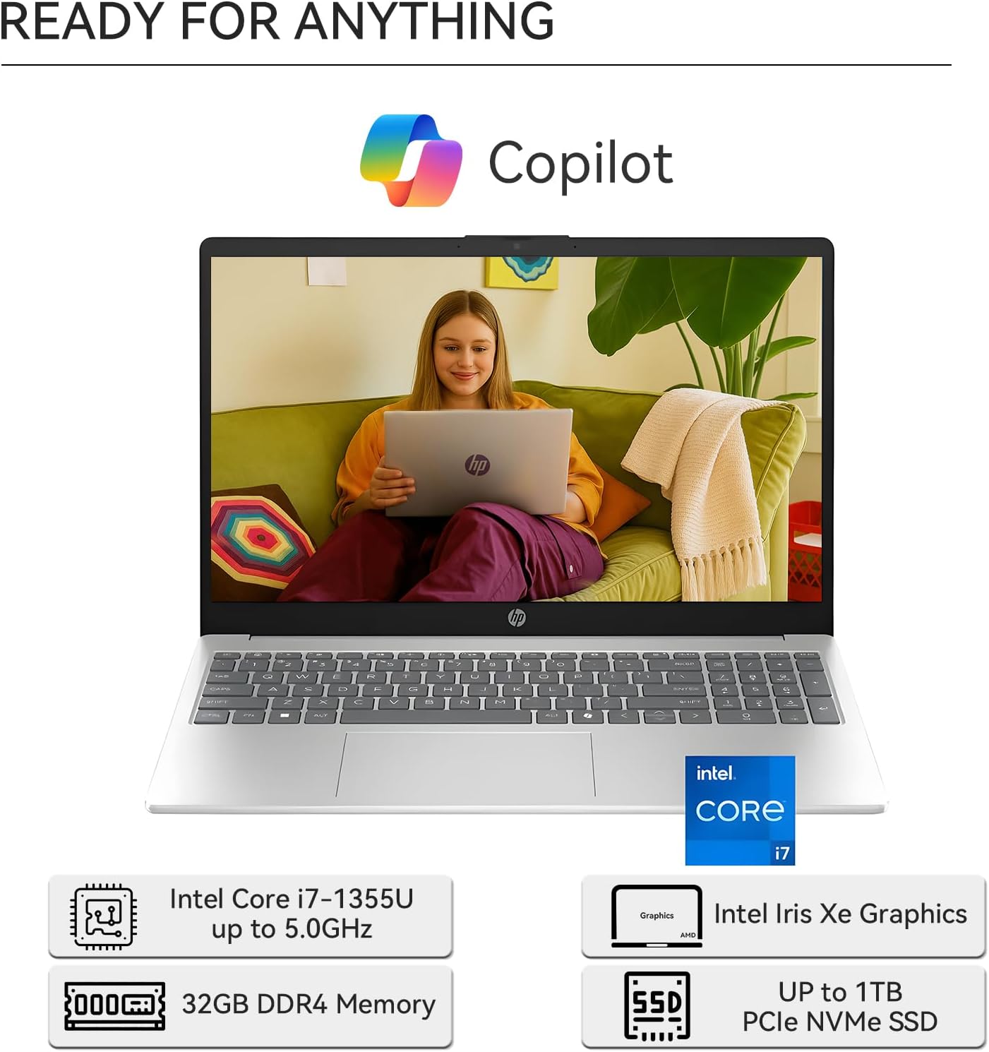 HP 15.6" Touchscreen Laptop for Business & Study, Intel Core i7-1355U, 20GB RAM, 512GB SSD, FHD Display, Iris Xe Graphics, Win 11 Pro, Copilot, Webcam, WiFi 6 & BT, Office 365 for the Web