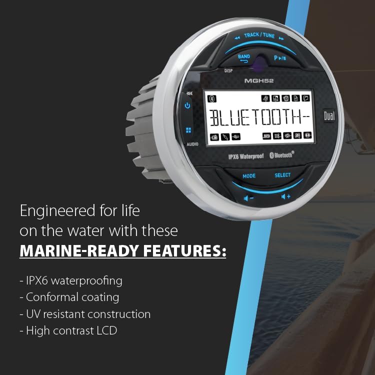 Dual Electronics MXPGH52 Gauge Hole Marine Stereo with (2) 6.5" Marine Speakers, Wireless Remote Control & Antenna | 10-Character LCD Media Receiver with Built-in Bluetooth | IPX6 Waterproof