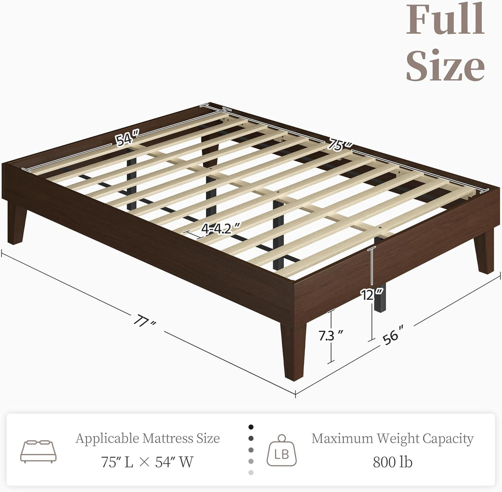 Yaheetech Full Bed Frame Natural Solid Wood Platform Bed with Wooden Slats Support, 12-inch Underbed Space for Storage, Noise-Free Design, Easy Assembly, Dark Walnut Finish