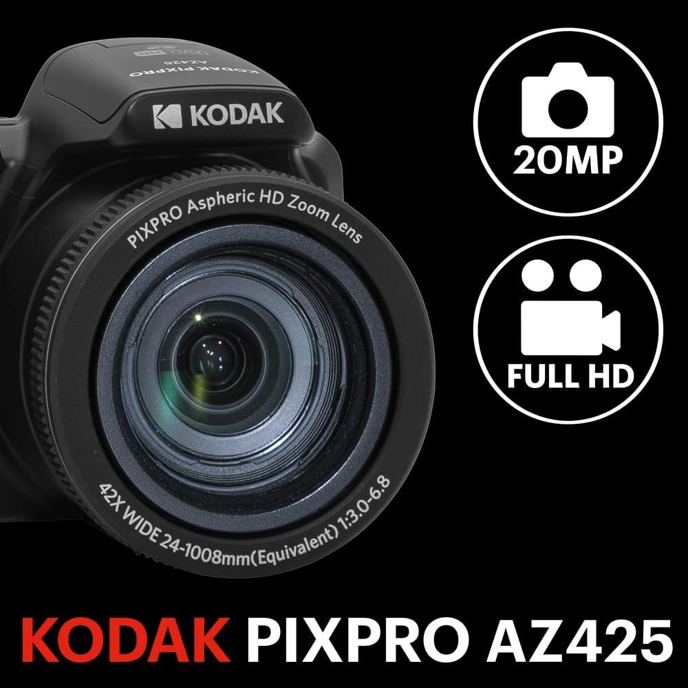 KODAK PIXPRO AZ425 Digital Camera, 42x Optical Zoom Bridge with 20MP BSI Sensor, Li-Ion Battery, OIS, 1080p Full HD Video, Black
