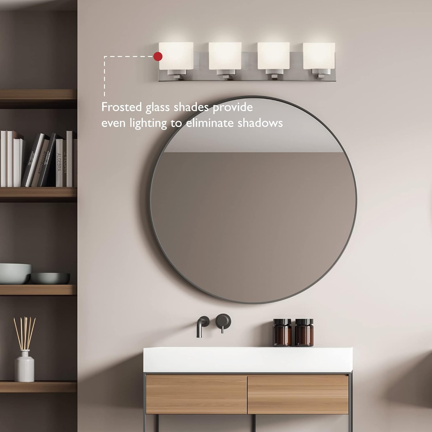 Design House 578013 Dove Creek Vanity Light Dimmable with Frosted Glass for Above Bathroom Mirror, Satin Nickel, 4-Light