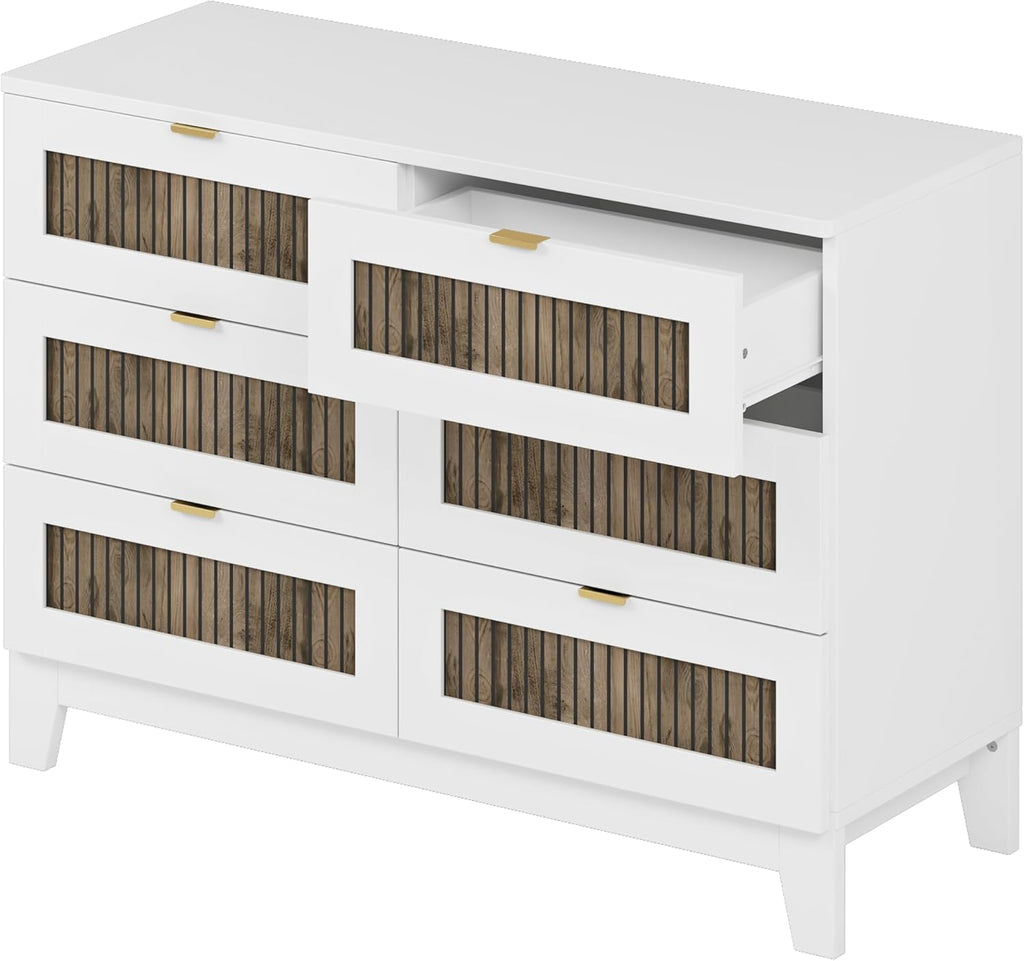Merax 4 Pieces Bedroom Sets, Queen Size Farmhouse Platform Bed with Wooden Strip Decoration, Storage Nightstand and Dresser with Metal Handle, White