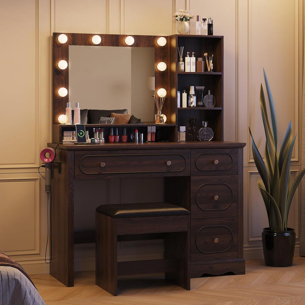 Vabches 42" W Walnut Makeup Vanity Desk with Mirror and Lights and Charging Station, Dark Brown Wood Vanity with Open Storage and Drawers and Stool Chair, Dressing Table Make Up Desk for Bedroom