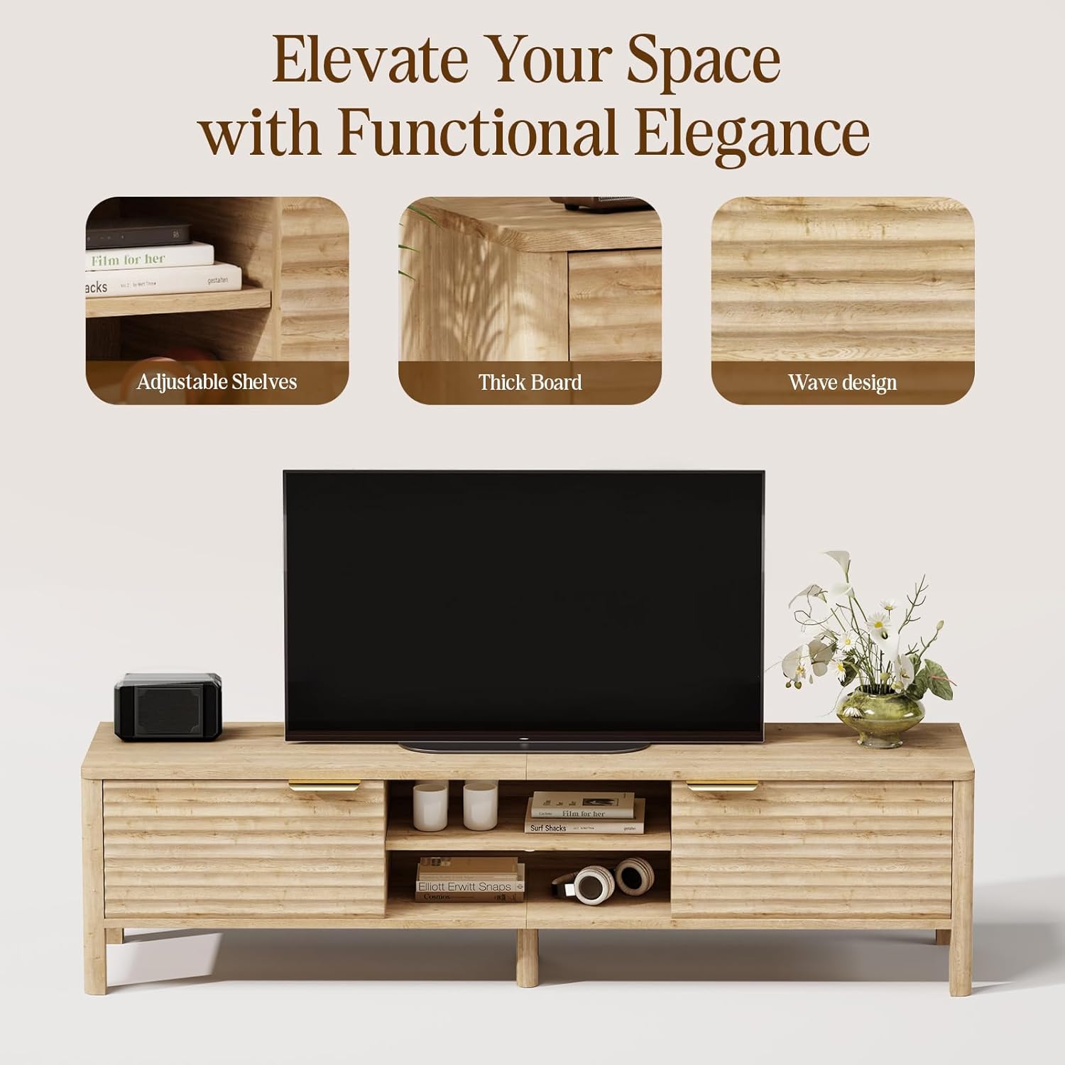 IKALIFE TV Stand for Living Room - up to 65 Inch TVs Mid Century Modern Entertainment Center with Storage and Adjustable Shelves, Media Console Table Oak 59"