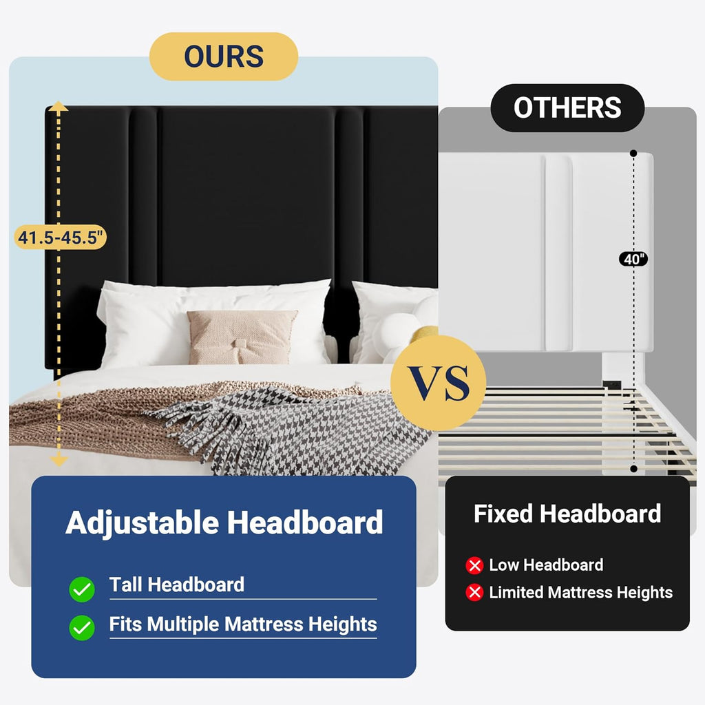 Allewie Queen Platform Bed Frame with Adjustable Headboard, Plush Velvet Upholstered, Vertical Channel Tufted, Sturdy Wooden Slats, No Box Spring Needed, Easy Assembly, Black