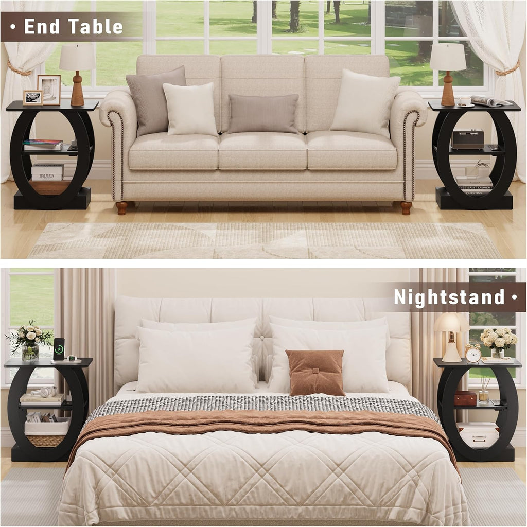 End Table Set of 2 with Charging Station, Black Side Table with USB Ports and Outlets for Living Room, Wood Nightstand with Large Storage Shelf for Bedroom Sofa Couch, Bedside Table Night Stands