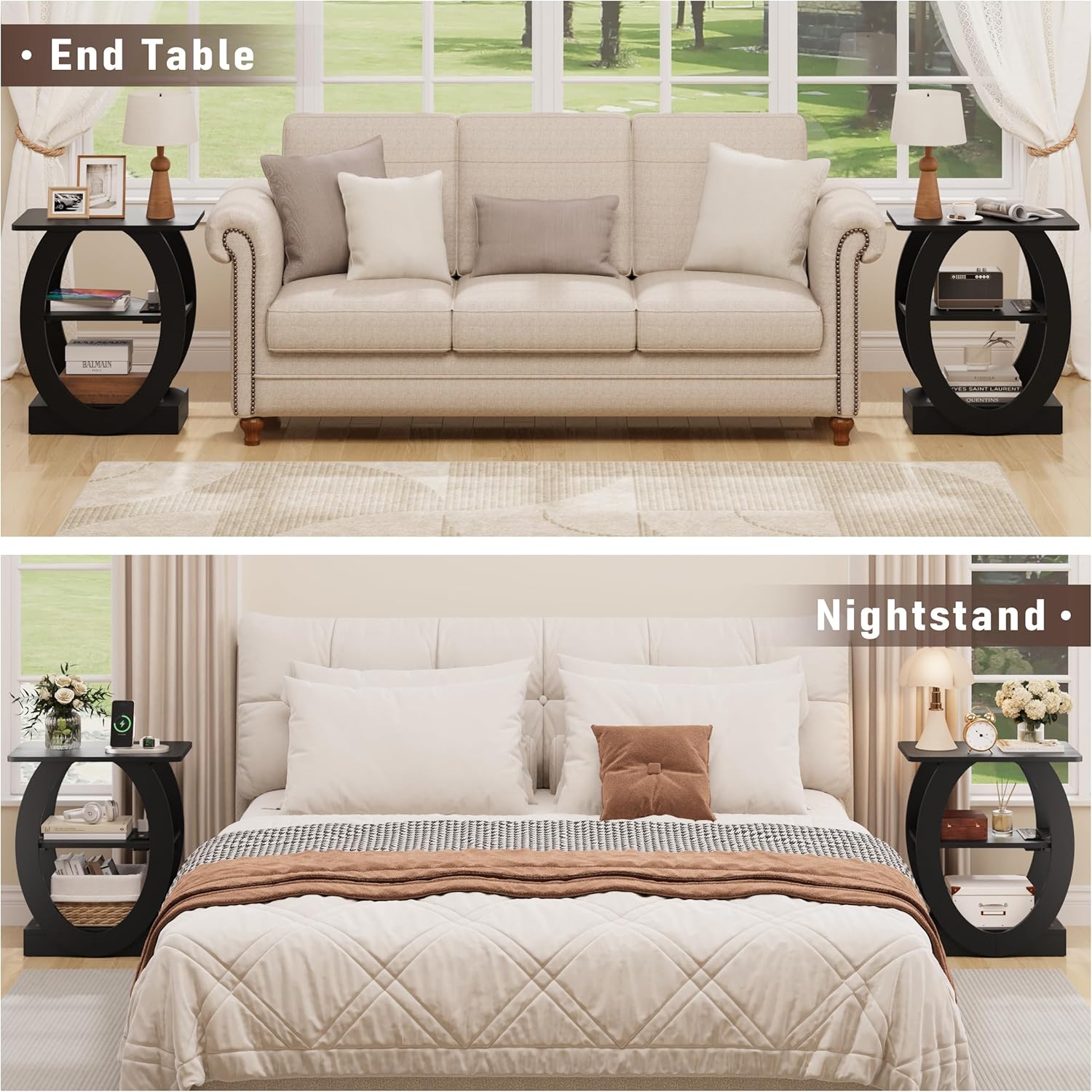 End Table Set of 2 with Charging Station, Black Side Table with USB Ports and Outlets for Living Room, Wood Nightstand with Large Storage Shelf for Bedroom Sofa Couch, Bedside Table Night Stands