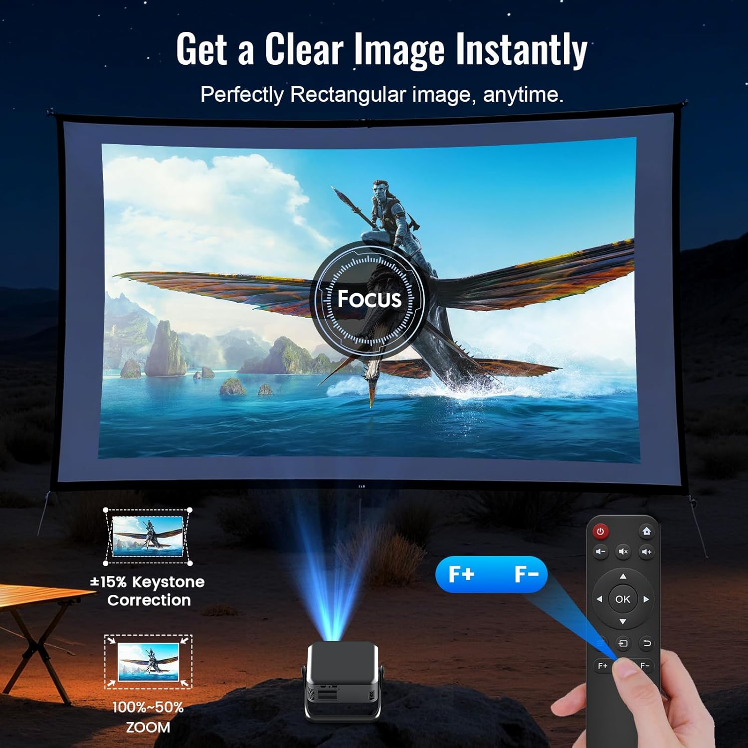 Smart Outdoor Projector with WiFi and Bluetooth, Officially-Licensed Apps, 4K Support Portable Movie Projector, Electric Focus & Auto Keystone, 210° Rotatable Stand, Mini Proyector for Home Theater