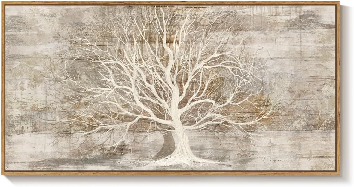 Large Framed Tree of Life Wall Art for Living Room, Rustic Farmhouse Abstract Tree Canvas Painting Print Artwork for Walls, Modern Neutral Forest Picture for Bedroom Office Wall Decor, 60x30 In