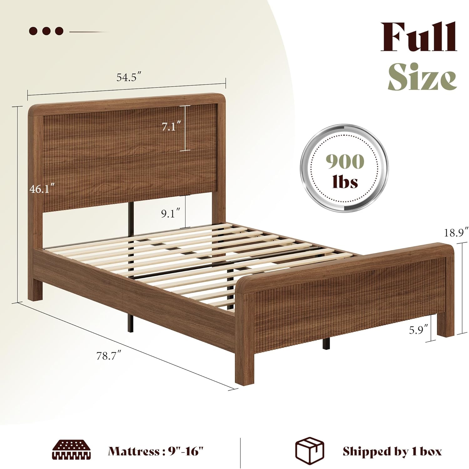 AMERLIFE 3-Piece Modern Fluted Bedroom Furniture Set, Including Wood Full Size Bed Frame with Headboard & Footboard and Storage Night Stand Set of 2, Wooden Bedframe and Nightstand Sets, Walnut