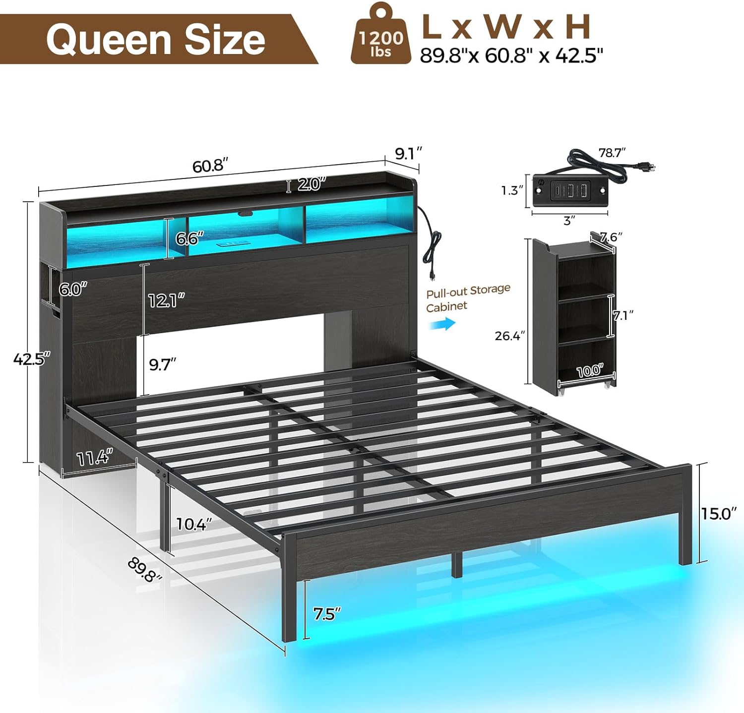 Rolanstar Bed Frame Queen Size with Bookcase Storage Headboard, Slide Out Bedside Storage, Bed with Charging Station & LED Lights, Heavy Duty Metal Slats, No Box Spring Needed, Noise Free, Black