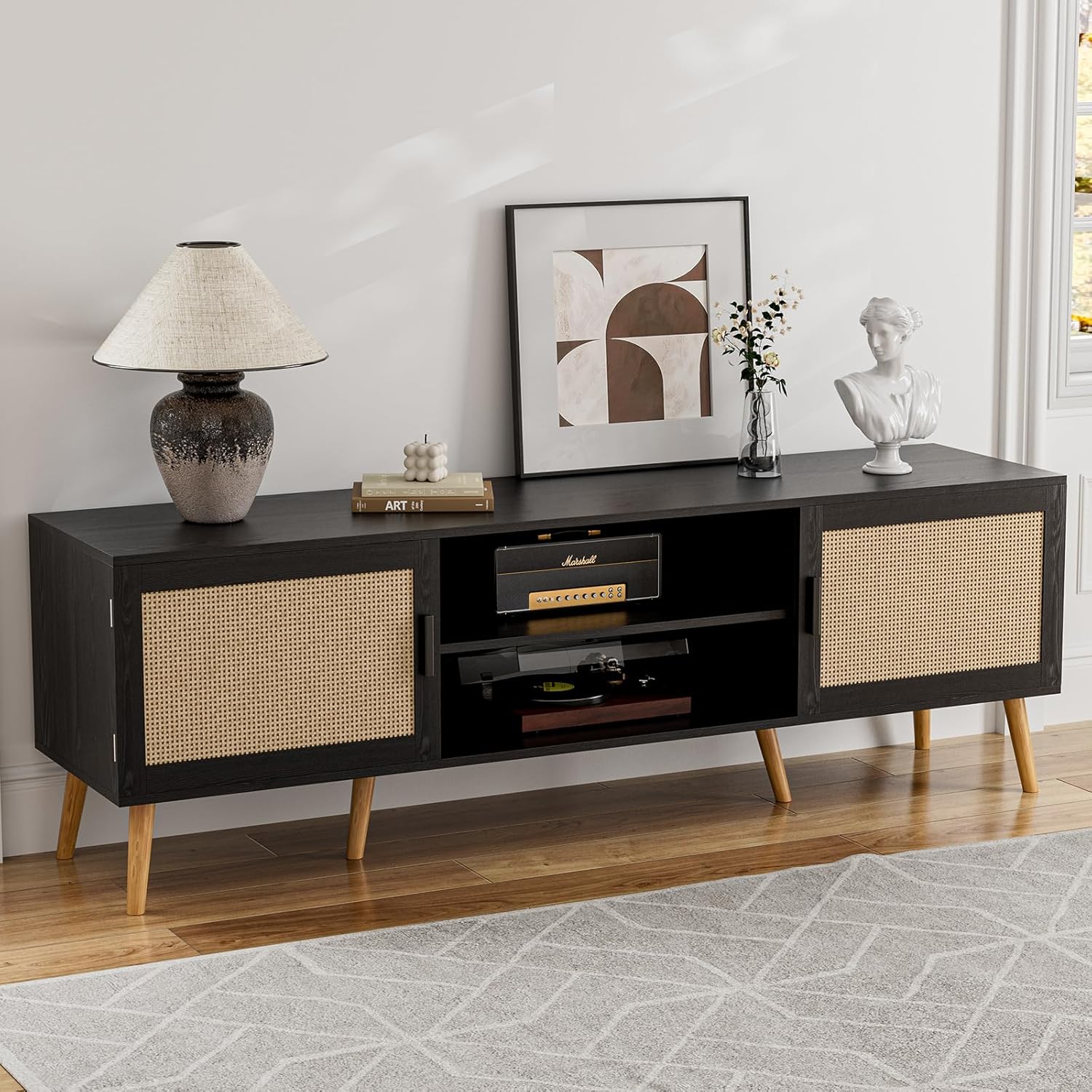 ZttRiee TV Stand for TVs up to 65'', Entertainment Center with Rattan Door, Shelves & 2 Cabinets, Boho Media TV Console for Living Room, Bedroom, Black