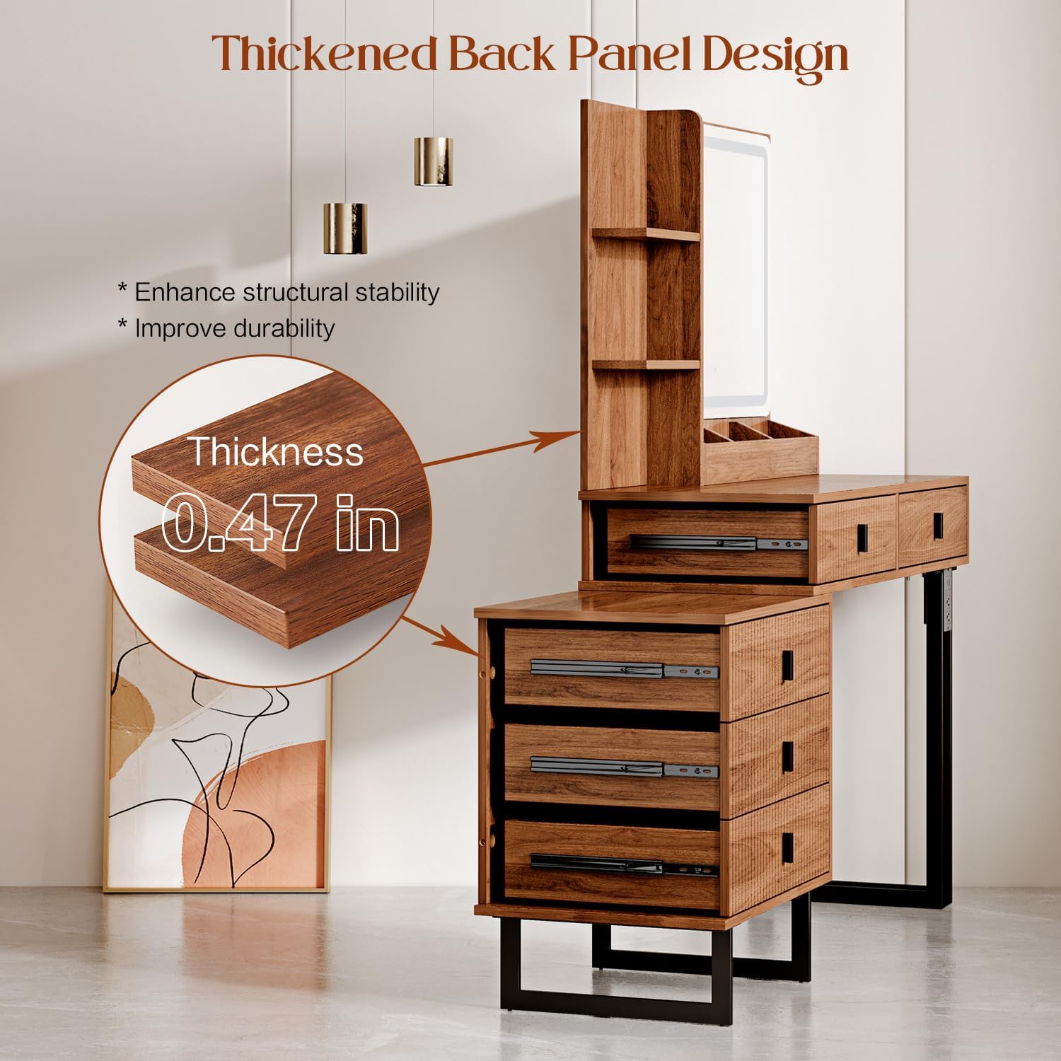 Large Vanity Desk with 3 Color Touch Screen Dimming Mirror, Vanity Desk with Charging Station, Modern Retractable Makeup Dressing Table, Makeup Table With storage shelves and 5 Sliding Drawers, Walnut